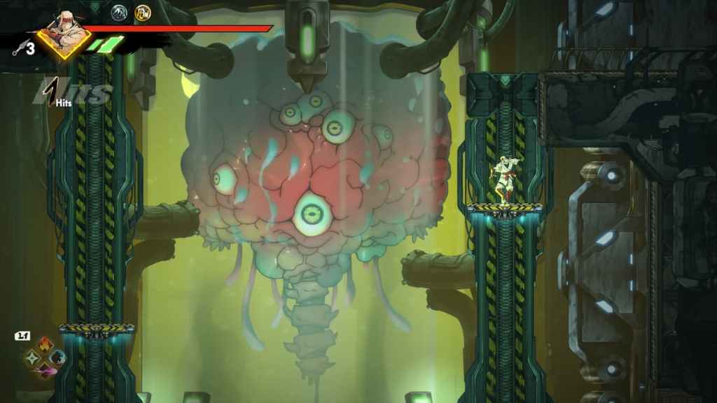 Joe Musashi standing on a platform with a massive brain with eyes in a jar behind him in SHINOBI: Art of Vengeance. 