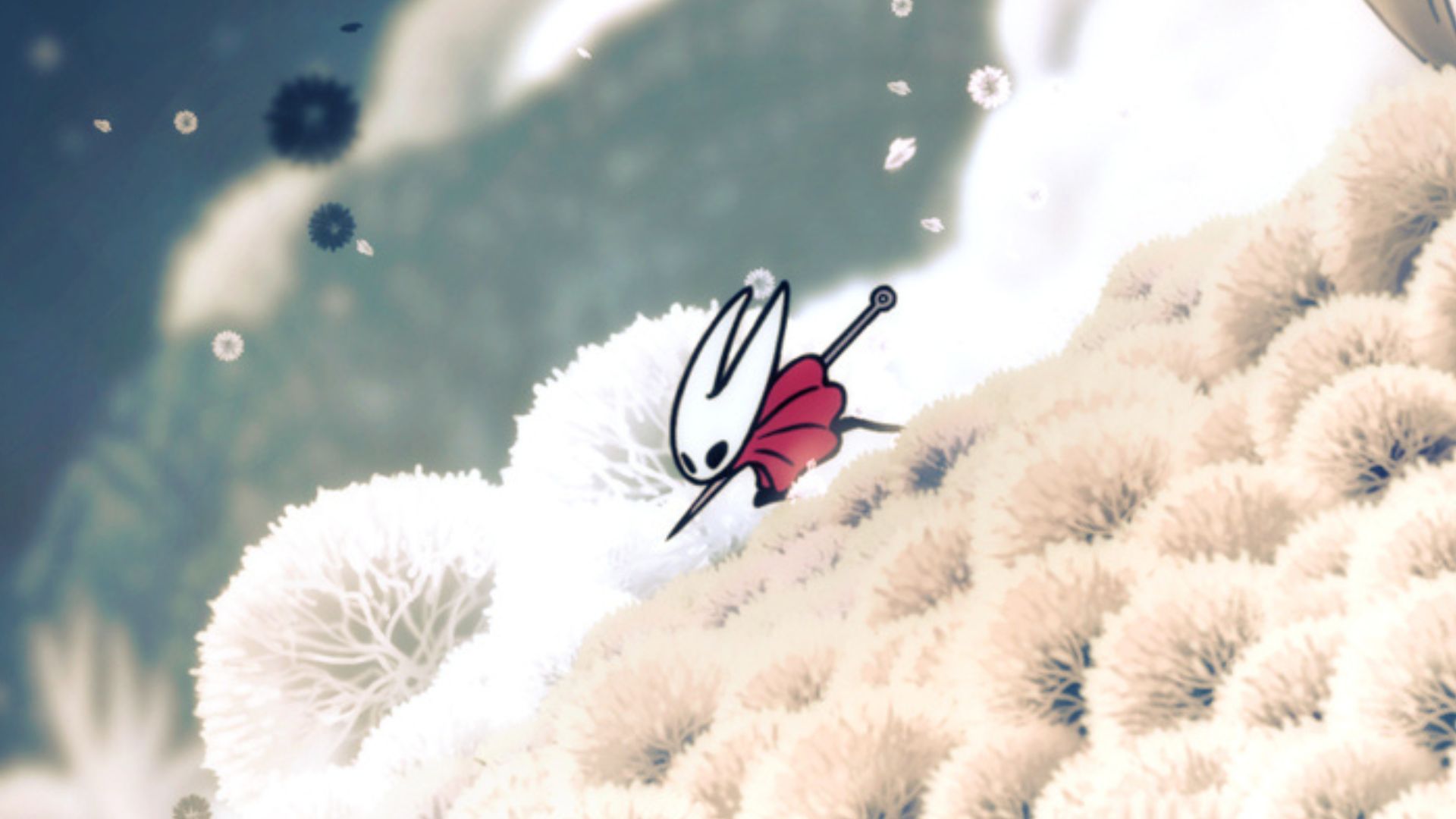 Hornet preparing to attack while standing on top of dandelions in Silksong