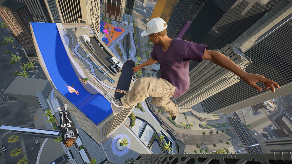 A skater flying above the city in skate.