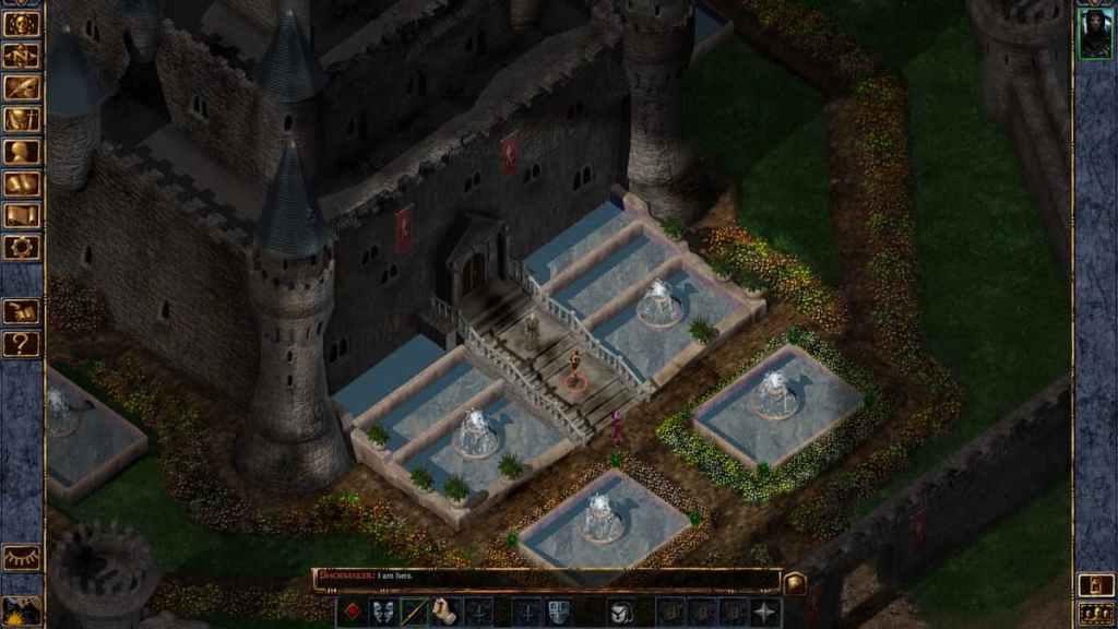 A massive castle and garden in Baldur's Gate 1.