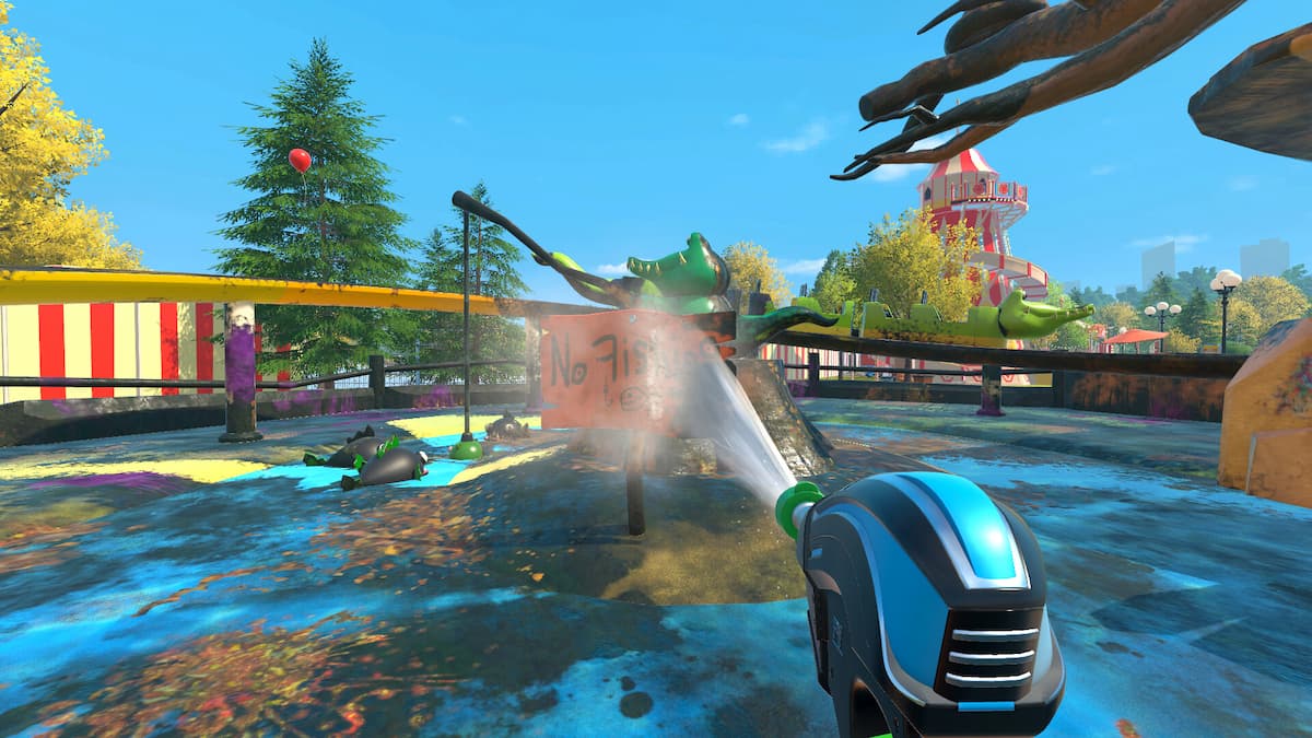 A scene in Powerwash Simulator 2 where a player is washing items