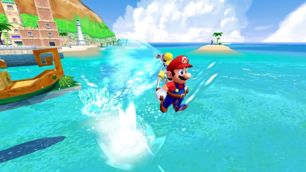 Mario propelling himself out of the water in Super Mario Sunshine
