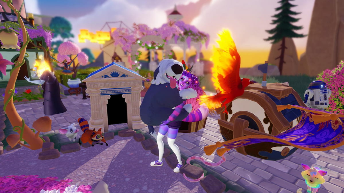 A character with purple and pink hair wearing a purple striped sweater and a striped cat tail holding a fluffy white and grey dog while surrounded by animal companions in disney dreamlight valley