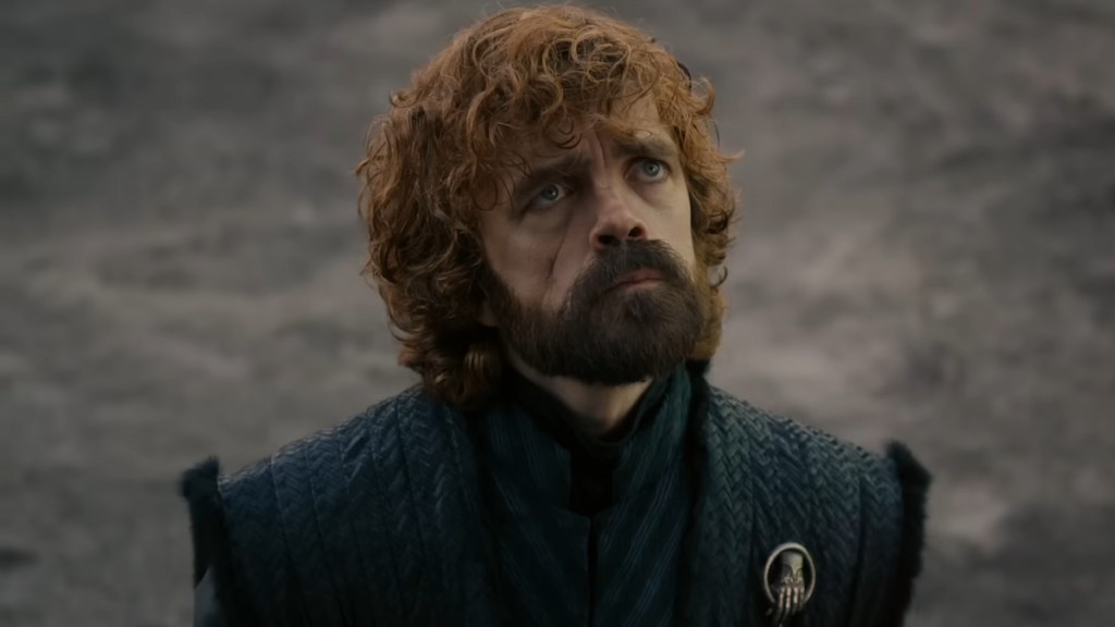 Tyrion looking up with a serious expression in game of thrones