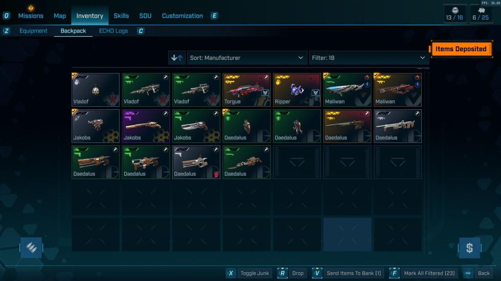 A player inventory in Borderlands 4 with multiple items