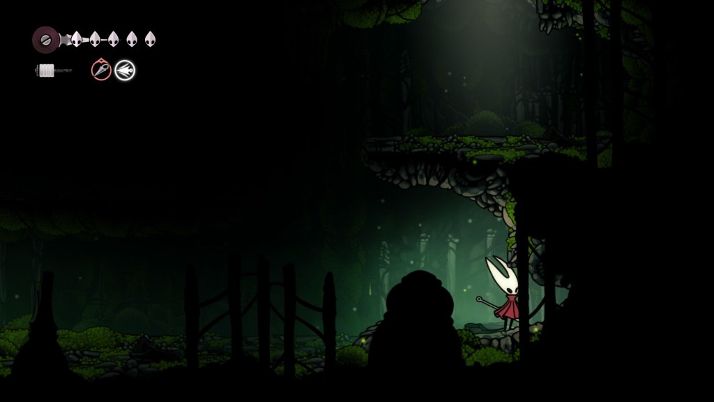 Hornet next to a secret room with a Mossberry in Hollow Knight: Silksong