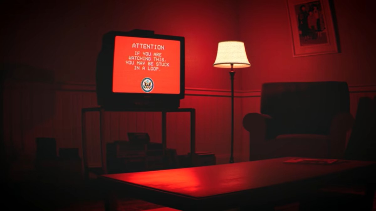 An emergency broadcast on the television emanating a red glow, reading about being stuck in an endless loop