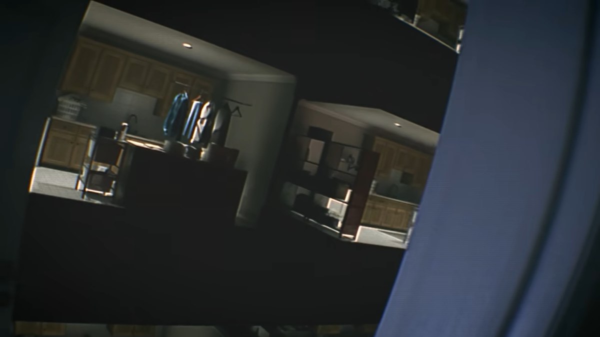 A close up shot peering around the corner of the white door and into the infinite rows of the same apartment interior