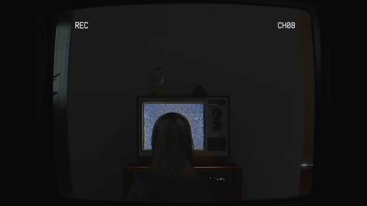 Looking at the back of Juliana, looking at the static on the television directly in front of her