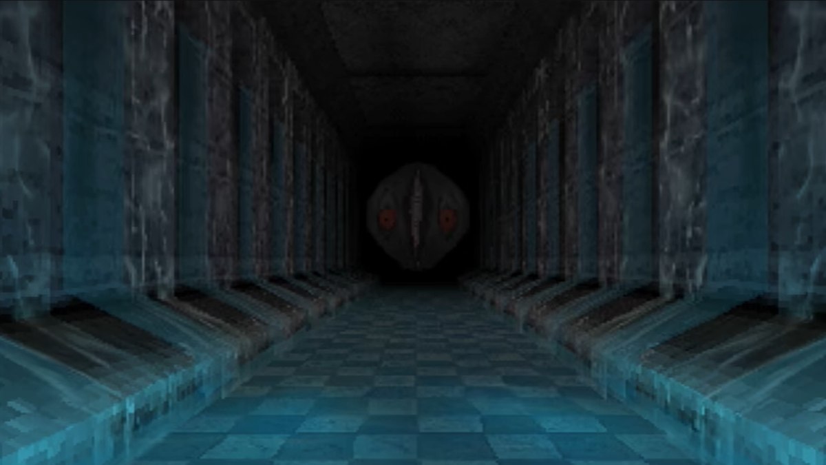 A giant floating fish head emerging from the shadows