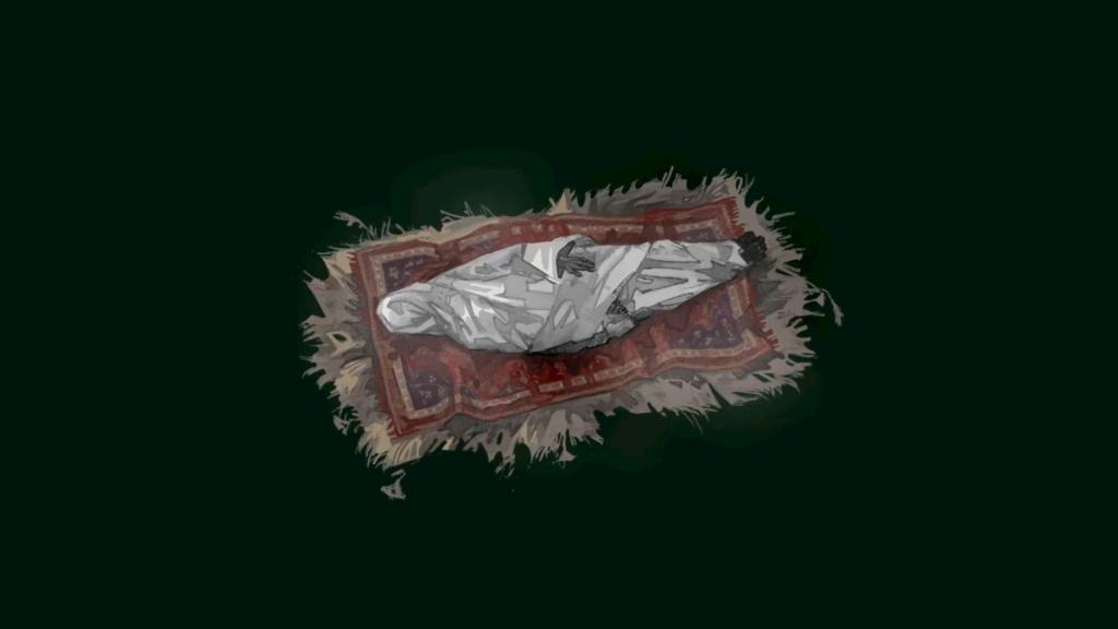 A body wrapped in white sheets against a red carpet, atop the fields