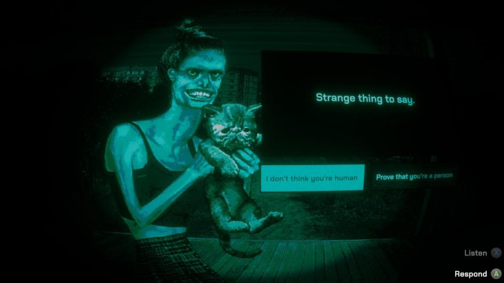 The cat lady holding up the cat at the front door