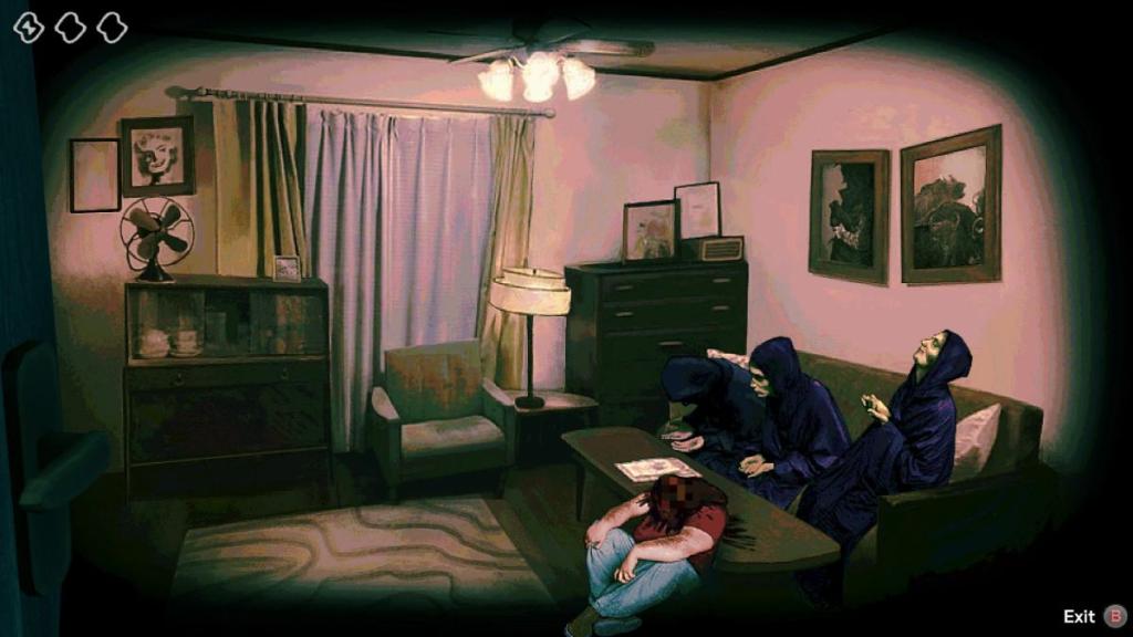 Three cultists on the sofa with a murdered Visitor on the floor in front of them