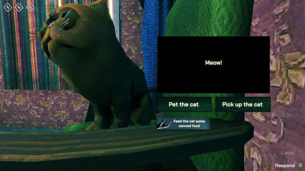 Cat menu interaction options: pet the cat, pick up the cat, or feed the cat