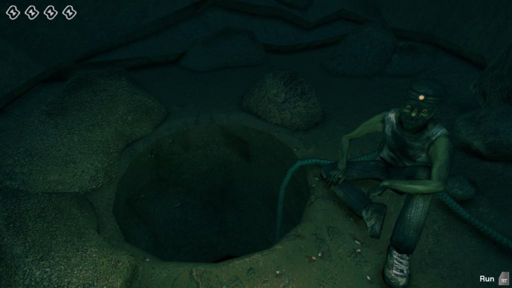 Looking at the hole in the basement with a miner next to it