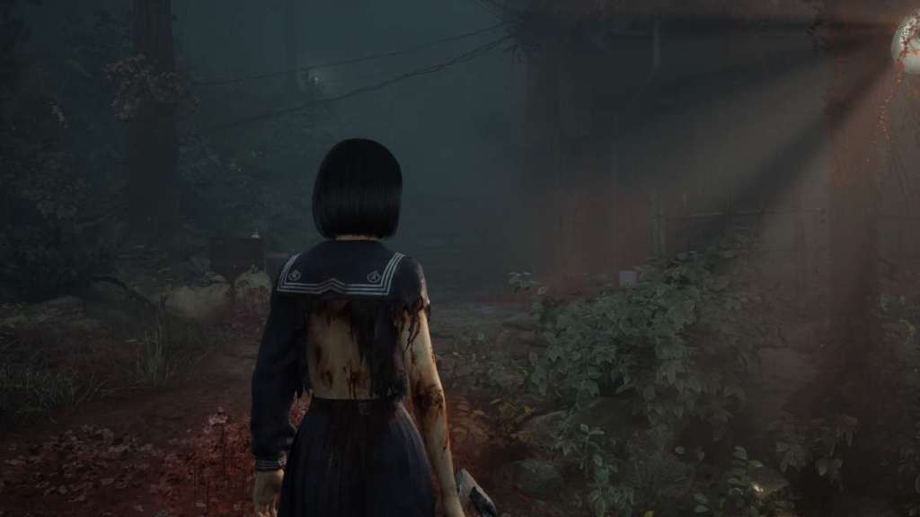 Looking at a stairwell beside a two story house, lit by a single lamppost for the Jizo statue location