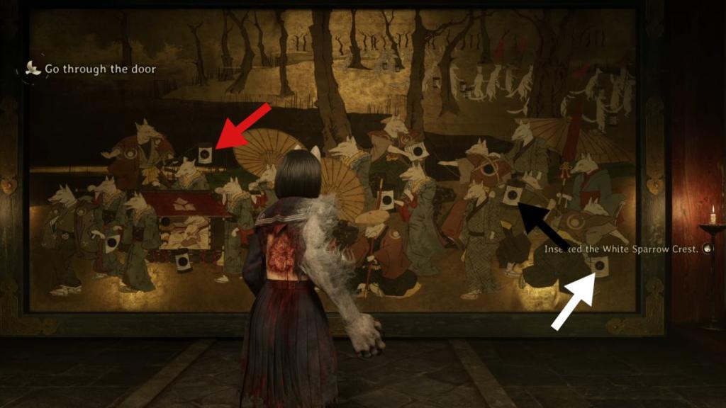 Looking at the mural with Fox Crest in lantern held by top left fox and two Sparrow Crests in foxes leaving the group in bottom right of the mural