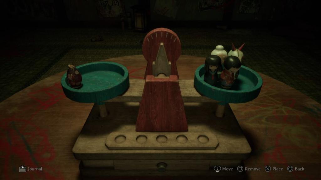 Scale puzzle with headless figure on the left and everyone else on the right scale