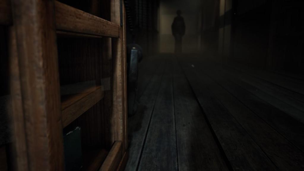 A low shot of a house phone dangling at the end of the line with blurred background shot of woman in distance