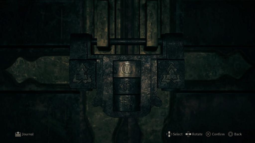 Shrine Vault combo from top to bottom: circle with two lines inside, circle with curved cross inside, and square with a backwards J overlapped.