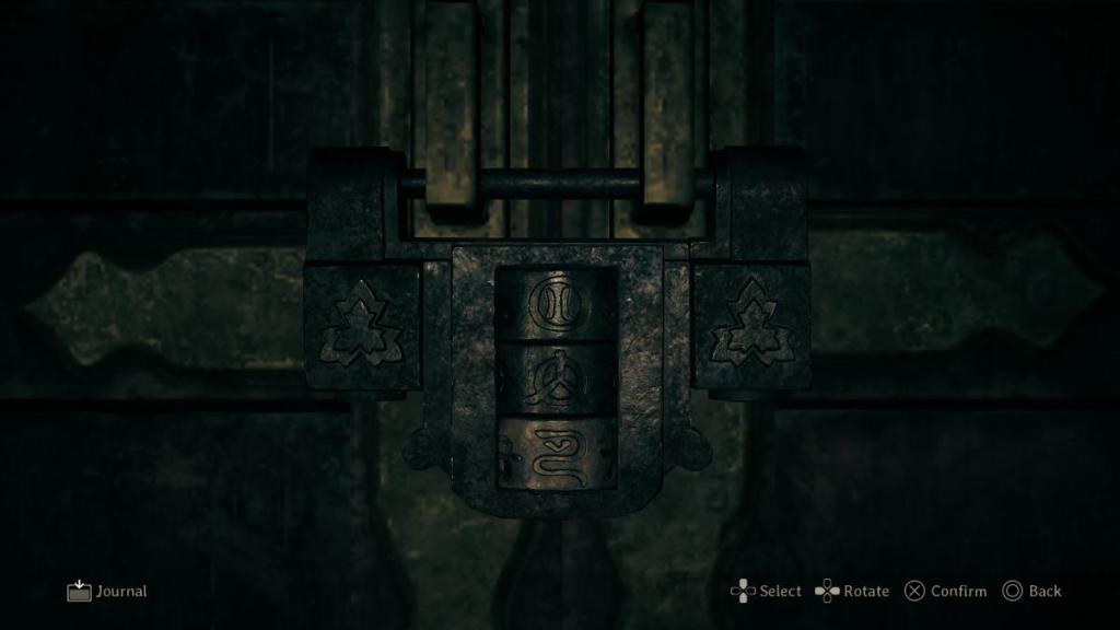 Shrine Vault solution from top to bottom: circle with two vertical lines inside, peace sign, and snake looking symbol with line underneath the head.