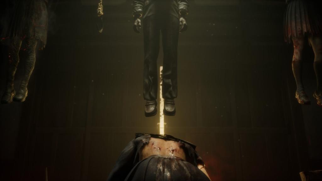 The bodies of Sakuko, Shu, and Rinko strung up, only their legs visible as the back of Hinako leant forward in mourning