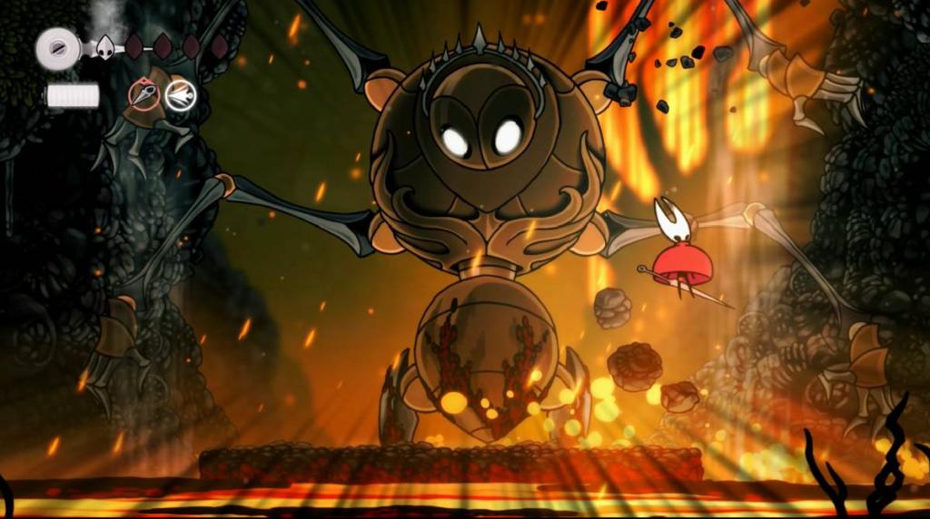 Hollow Knight: Silksong - While the Fourth Chorus prepares an attack, Hornet uses her Drifter's Cloak to float on an updraft