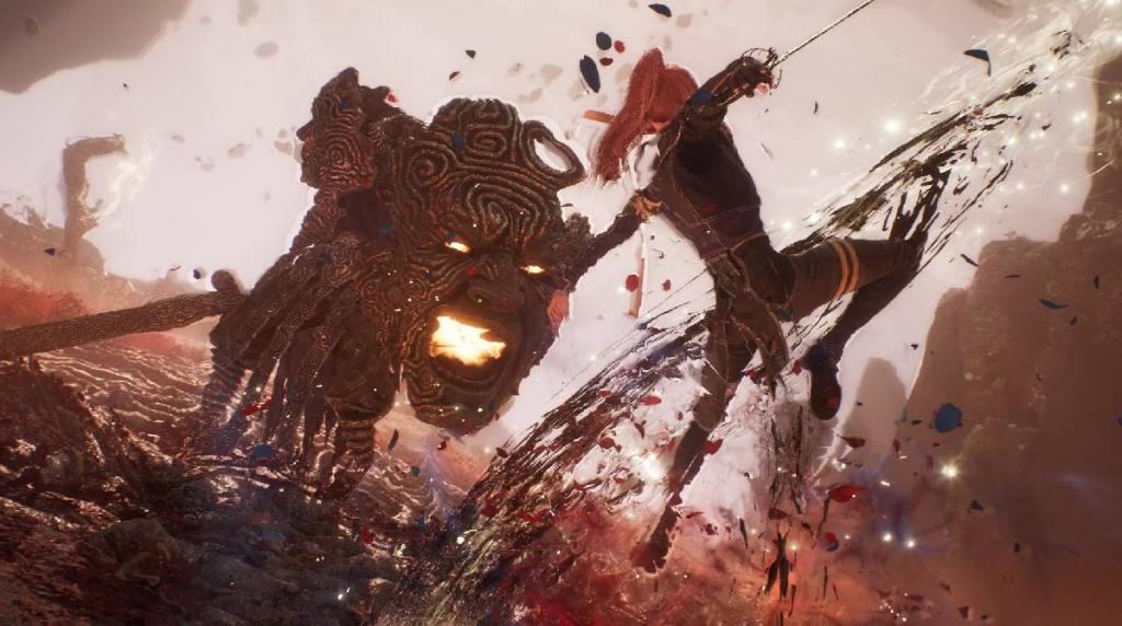 Maelle from Clair Obscur engages in battle with an enemy