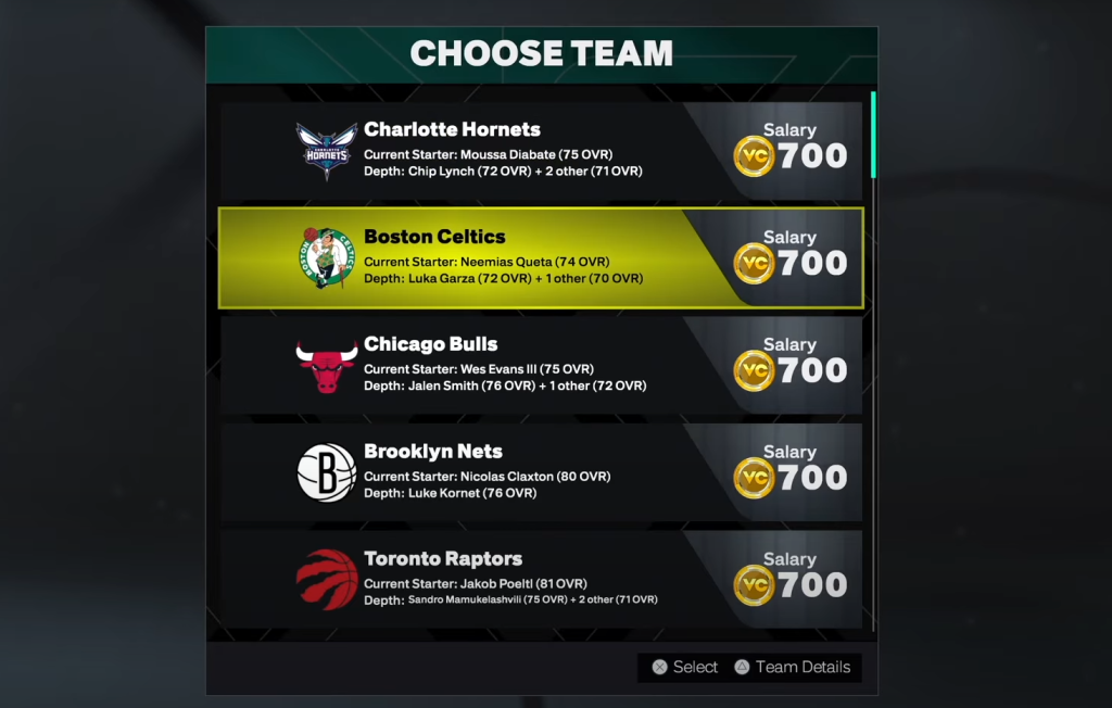 Switching team options in NBA 2K26 MyCareer