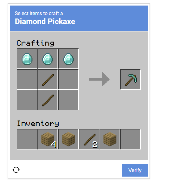 A screenshot from I'm Not a Robot showing a crafting menu for a Diamond Pickaxe, much like in Minecraft. There are sticks, wood blocks, and diamonds arranged in the boxes.