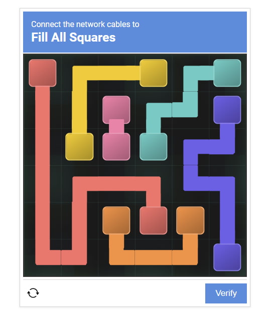 A chart where there are boxes of different colors and lines attached to them all. This is the answer to level 27 of I'm Not a Robot.