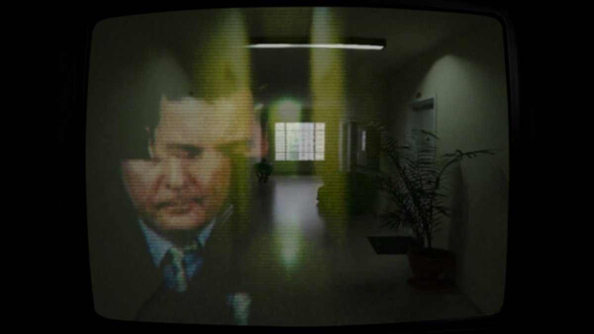 Distorted overlayed shot of a man's face on top of a liminal space corridor
