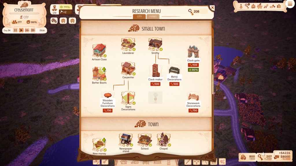 This screenshot shows the research menu from Town to City. Several options, like a Carpenter building or the Artisan class, have already been unlocked.