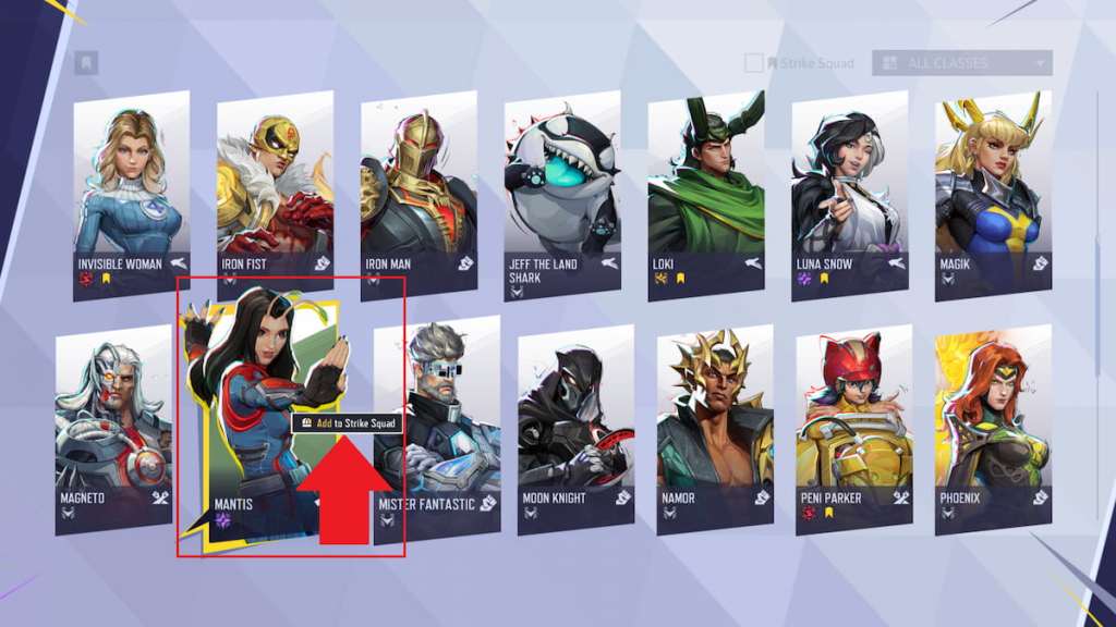 the add to strike squad option marked on mantis in marvel rivals