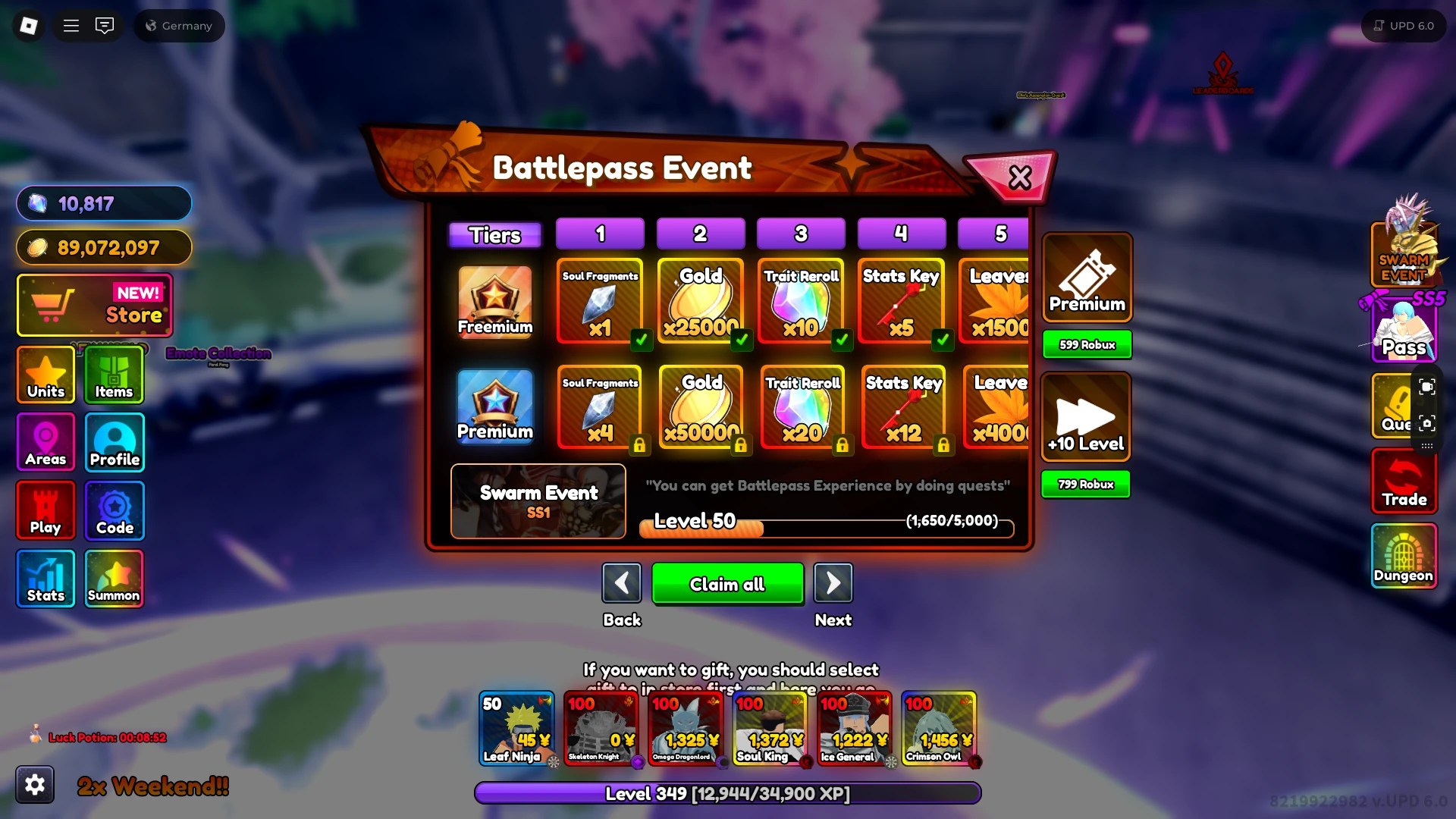 Preview of the battlepass rewards in Anime Rangers X Roblox experience.