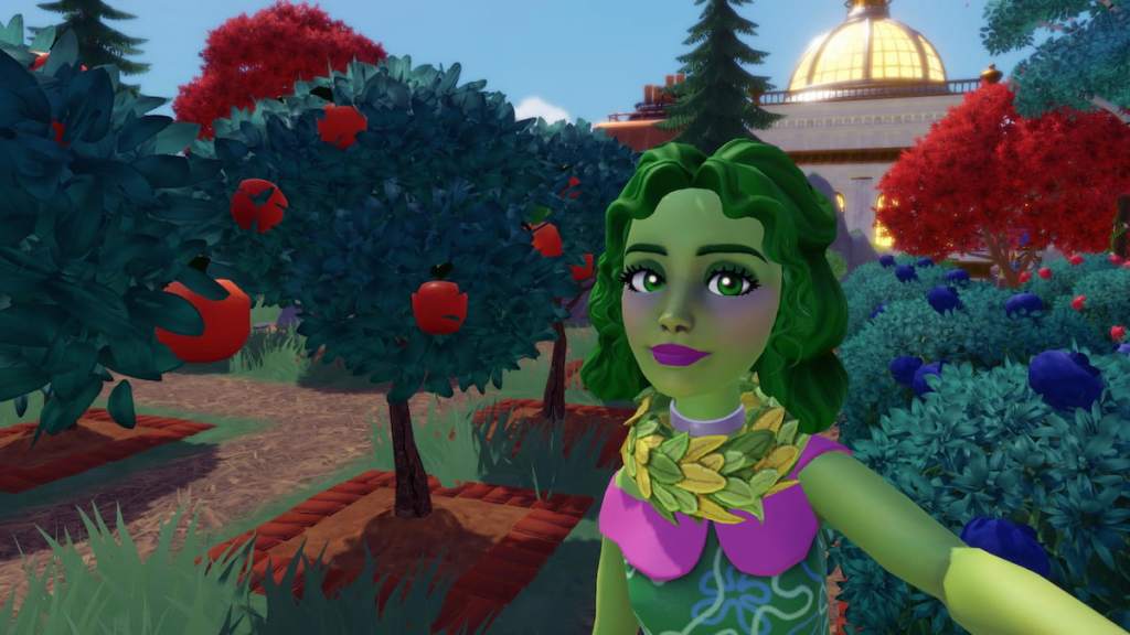 A player dressed as Disgust from inside out taking a picture with an apple tree in a fruit orchard in disney dreamlight valley