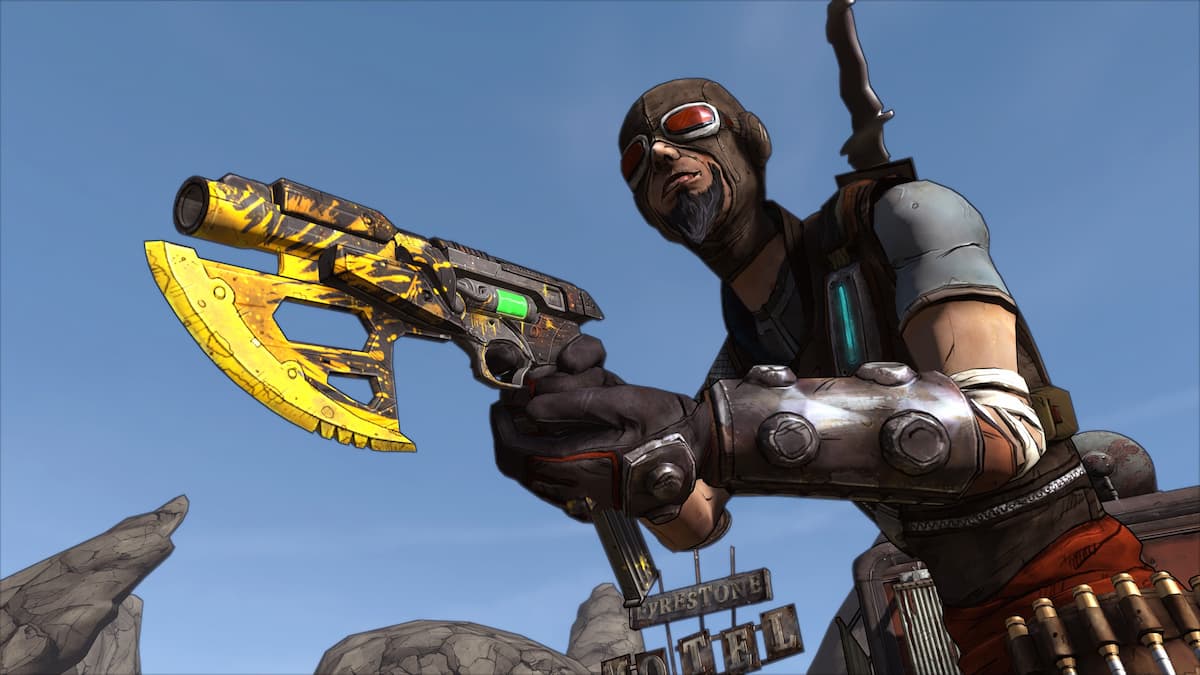 A character in borderlands holding a gun with a blade coming off its end.