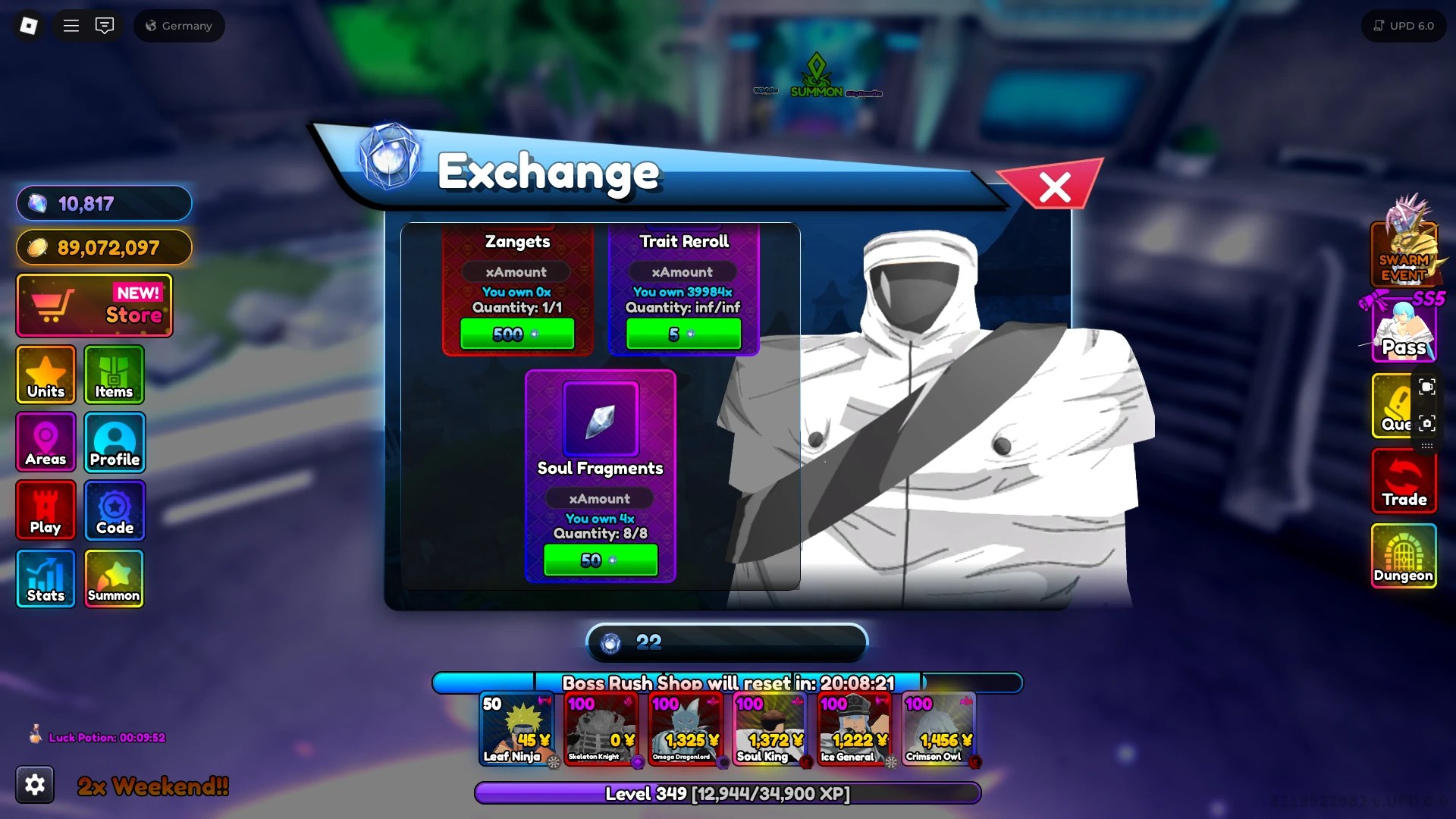 Preview of the boss rush shop in Anime Rangers X Roblox experience.