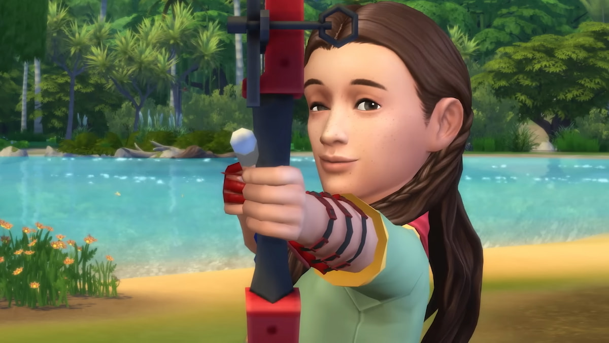 A child sim with long brown hair shooting a bow on the beach in the sims 4