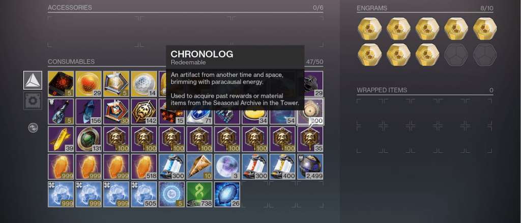 A player's inventory, showing how many Chronologs they have.