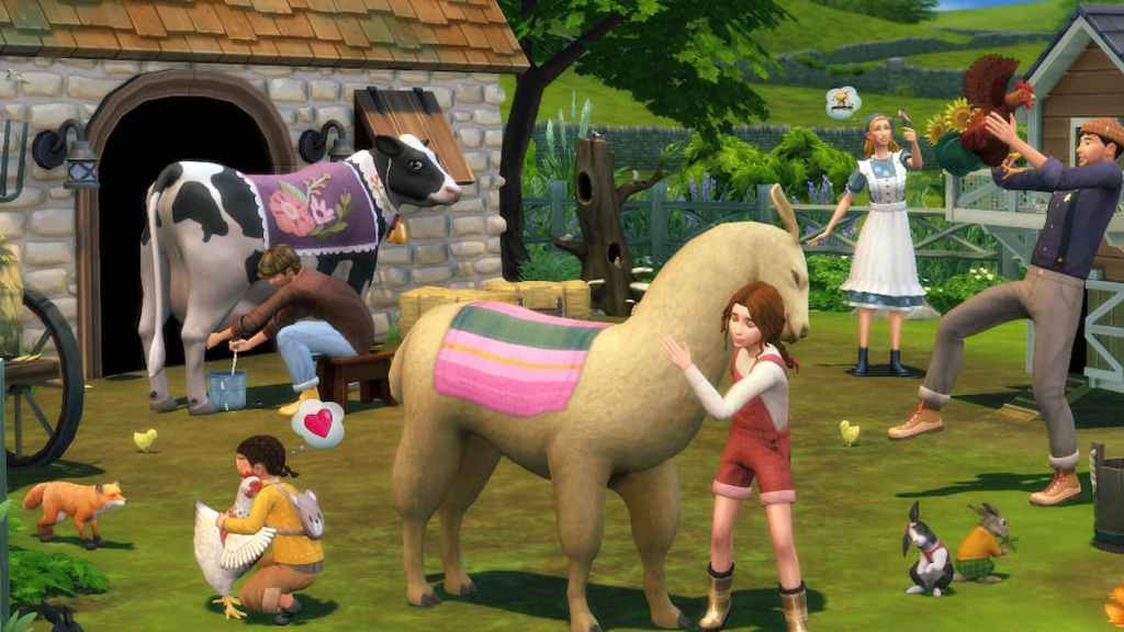 Sims taking care of animals on a farm in the sims 4