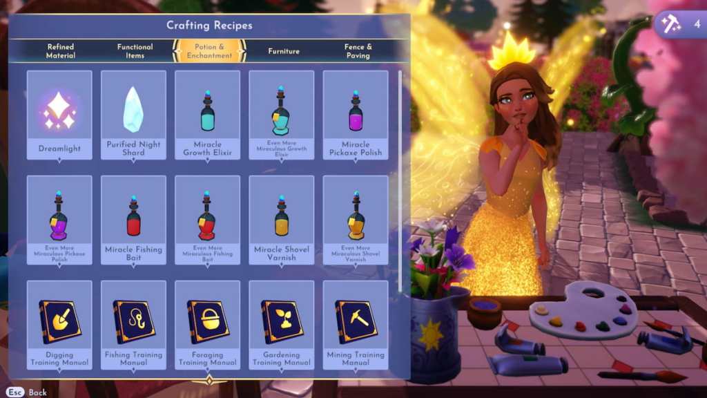Preparing to craft a digging potion at a crafting station in disney dreamlight valley