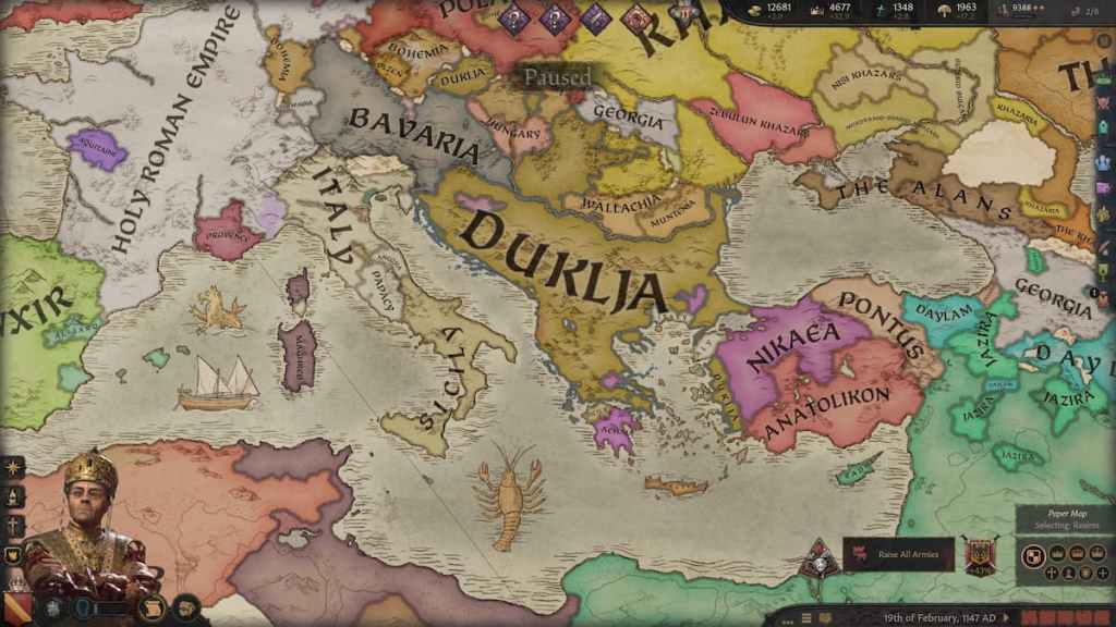 The map of Europe and the Balkans in Crusader Kings 3.