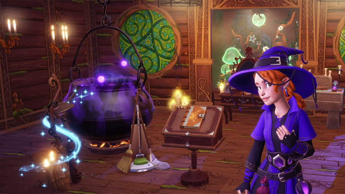 A witch in a magical room with magical items including a bubbling cauldron and some brooms in disney dreamlight valley
