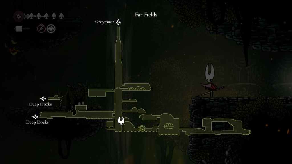 Hornet looking at a map of the Far Fields in Hollow Knight Silksong. 