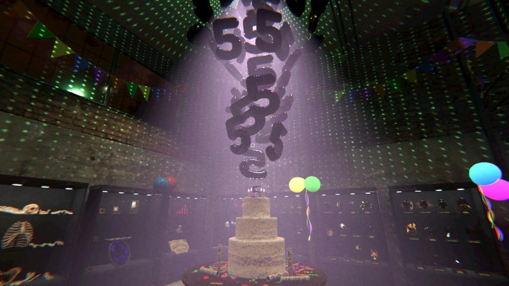 A cake on a table with a bunch of 5 balloons hovering over it in phasmophobia