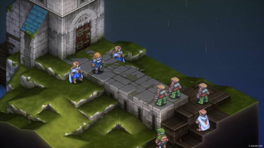 A top down view shows characters outside a castle