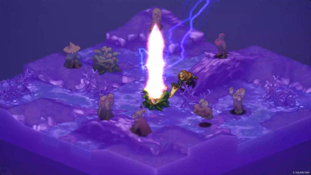 A top-down view shows a battle on a grid