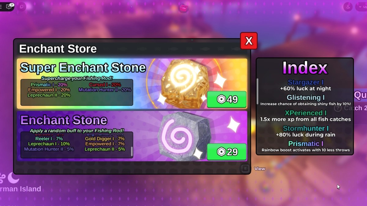 Preview of the Enchant section in the Robux Shop of Fish It! on Roblox.