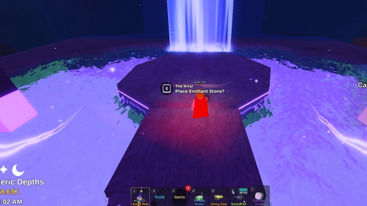 A player using an Enchant Stone to enchant their rod in the Fish It Roblox experience.